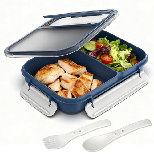 WHALEHOUSE Bento Lunch Box, 1100ML 2 Compartments Meal Prep Container with Utensil, Airtight Food Storage Container with Snap Locking Lids, Microwave/Dishwasher/Freezer Safe, On the Go - color: 1100mL-Dark Blue