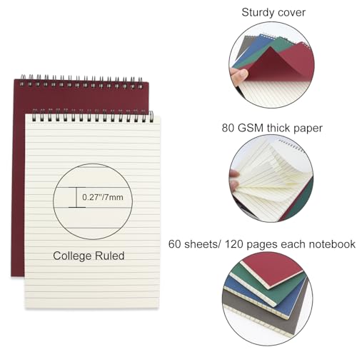 4 Pcs Top Bound Spiral Notebook,8.3 inch x 5.8 inch,60 Sheet,7mm College Ruled Paper,A5 Spiral Note Pads Memo Lined Notebook Journal for School and Office Supplies (4 Colors) - color: 4 Colors