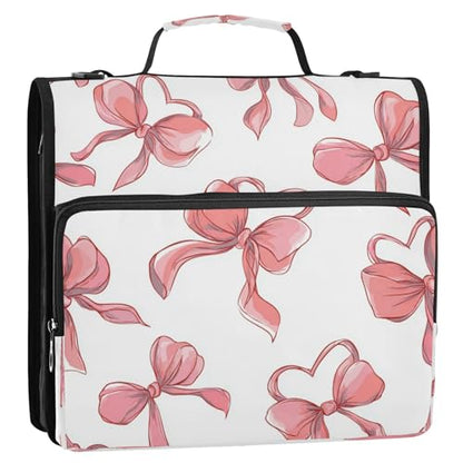 Caikeny 3 Ring Zipper Binder Pink Bows Ribbons Flowers 1.5 inch Binders Bag Expanding File Pockets with Shoulder Strap and Handle - color: Multicolored 1z83.6