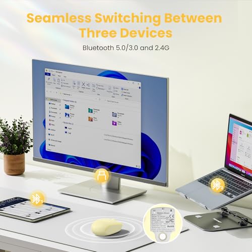 TECKNET Wireless Mouse,Bluetooth Mouse (BT5.3/5.0 & 2.4G) with USB Receiver Silent Optical Computer Mice，Wide Compatibility - color: Yellow