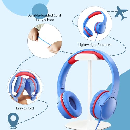 Kids Wired Headphones for School, Over-Ear Children's Headphones with Microphone, Foldable 85/94dB Volume Limited Headphones, 3.5mm & USB-C Compatible (Aqua Violet) - color: Aqua Violet