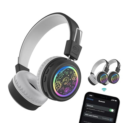MEE audio KidJamz Share Bluetooth Headphones for Kids with LED Lights, 85dB Volume Limiter, Microphone, 40h Battery; Childrens Headset for School/iPhone/iPad/Tablet (Model: KJ55BT-S, 1-Pack) - color: Black, style: Share