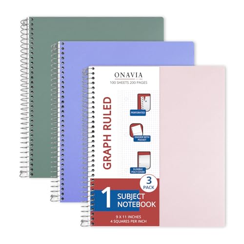 ONAVIA 1 Subject Graph Paper Spiral Notebook 3 Pack, 200 Pages | 100 Sheets, 9 x 11 in, Waterproof Plastic Cover, Durable, 3-Hole Punched, Divider, Double-Sided Pocket - color: Green, Pink, Cornflower