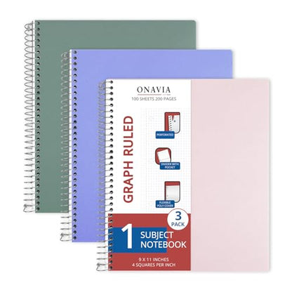 ONAVIA 1 Subject Graph Paper Spiral Notebook 3 Pack, 200 Pages | 100 Sheets, 9 x 11 in, Waterproof Plastic Cover, Durable, 3-Hole Punched, Divider, Double-Sided Pocket - color: Green, Pink, Cornflower