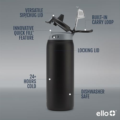 Ello Pop & Fill 18oz Stainless Steel Kids Water Bottle with Quick Fill Lid | Vacuum Insulated BPA Free Bottle with Leak Proof Straw and Chug Lid, Dishwasher Safe, Gift For Kids Teens, Tonal Black - color: Tonal Black, size: 18 Ounces