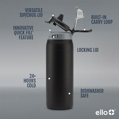 Ello Pop & Fill 18oz Stainless Steel Kids Water Bottle with Quick Fill Lid | Vacuum Insulated BPA Free Bottle with Leak Proof Straw and Chug Lid, Dishwasher Safe, Gift For Kids Teens, Tonal Black - color: Tonal Black, size: 18 Ounces