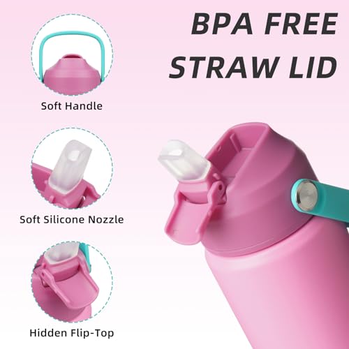 BJPKPK Insulated Water Bottle with Straw Lid, 12oz Thermo Water Bottles, Flex Handle & Non-slip Boot, BPA Free Leak Proof Stainless Steel Metal Thermo, Tumblers, Cups,Rose Pink - color: Rose Pink, size: 12 Ounces
