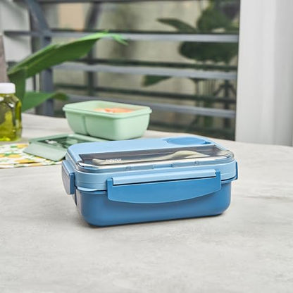 Restaurantware Bento Box 1 Count 44 Ounce Plastic Lunch Box With Cutlery, Leakproof Microwave-Safe Meal Prep Container Reusable Versatile Blue for Travel - size: 1 Count, style: 44 oz - Blue