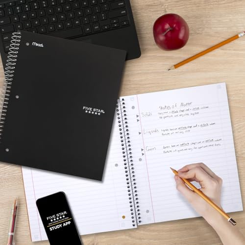 Five Star Spiral Notebook, 3 Subject, Wide Ruled, 8" x 10-1/2" | 150 Sheets | Black | Pack of 2 | Study App - color: Black, size: 8" x 10-1/2" (Pack of 2)