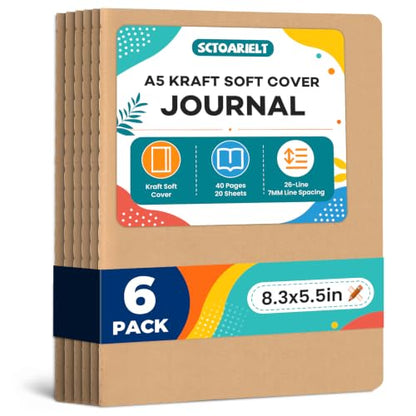 6 Pack A5 Lined Kraft Paper Journals Bulk, Notebooks for Work | A5 Notebook, 8.3" x 5.5" Inch Lined Composition Notebook, College Ruled Journal Notebook for School, 40 Pages / 20 Sheets - color: brown kraft 6 Pcs (One Item)
