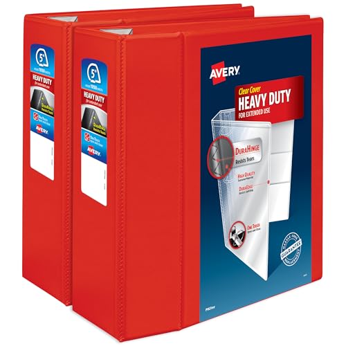 Avery Heavy-Duty View 3 Ring Binder, 5 Inch EZD Rings, Great for Portfolios, Office, School Notebooks, and More, 2 Red Binders (2-Pack of 79327) - color: Red, size: 5"