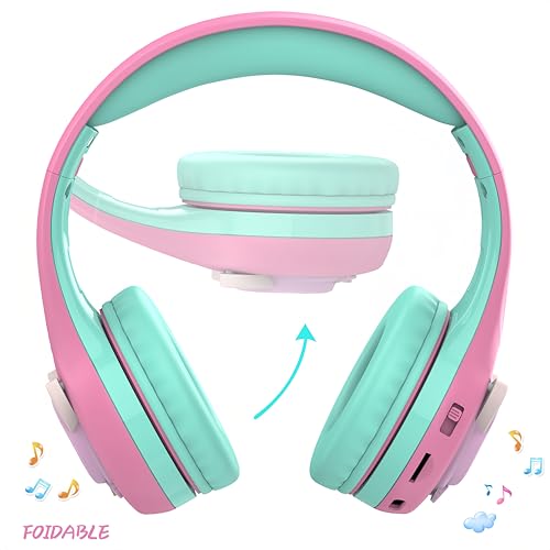 Riwbox CB-7S Kids Wireless Headphones,with Safe Volume Control 74/85/95dB,LED Glow Lights,50H Playtime,Bluetooth V5.3,Built-in Mic, TF Card Slot,for Travel/School/Phone/Laptop (Pink&Green) - color: Pink&Green