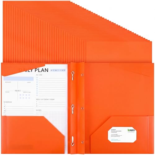 Yeaqee 48 Packs Plastic Folders with Prongs and Pocket Heavy Duty Plastic Folder with Business Card Slot Prong Folders with 3 Prong Fasteners for Schoolwork and Office, Letter Size (Orange) - color: Orange