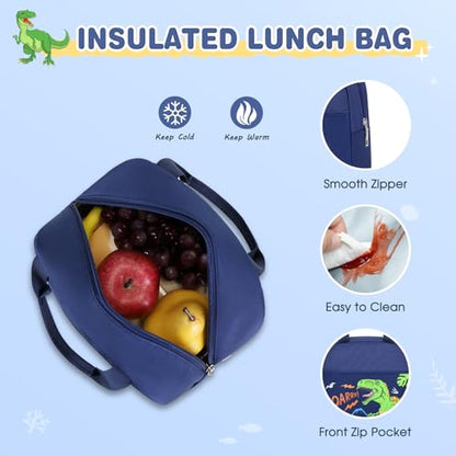 ACESAK Boys Backpack - Dinosaur Bento Box with Insulated Lunch Bag Pencil Case & Utensils Set for Kids, 6 Leakproof Compartments Removable Tray Lunches or Snack Container - color: Dinosaur
