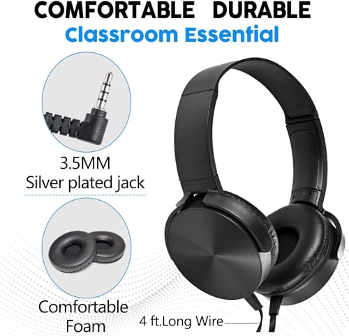 Bulk Kids Headphones for School Classroom 5-Pack,Durable Wired On-Ear 3.5mm Plug for Kids,Students,Computer,Kindle Fire,Chromebook,Laptop,Mobile Phone-Black - size: 5 PACK