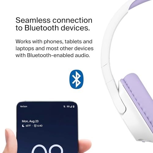 Belkin SoundForm Inspire Wireless Over-Ear Headset for Kids, Online Learning & Travel w/Built-in Microphone, 85dB Safe Volume Limit, 35H Battery - Compatible w/iPhone, iPad, Galaxy & More - Lavender - color: Lavender, style: Wireless