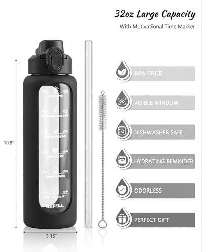 Nefeeko 32 oz Glass Water Bottles with Straw, Time Marker, Motivational 1 Liter BPA FREE Leakproof Reusable Glass Water Bottle with Silicone Sleeve, Bamboo, Spout Lid - color: Black