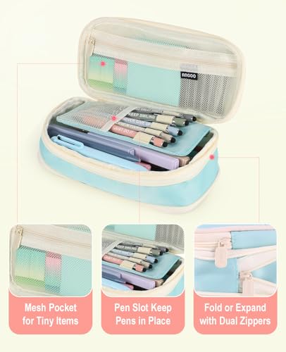 56 PCS Aesthetic School Supplies with Large Pencil Case, 5 Inspirational Ballpoint Pens, 12 Pastel Highlighters, 5 Black Ink Gel Pens, 6 Mechanical Pencils 0.5-0.7mm College Student Essentials (Blue) - color: Blue
