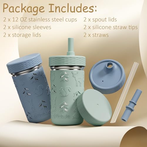 Fimibuke Toddler Cups Spill Proof, 12 OZ Sippy Cups for Kid Girl Boy, Stainless Steel Tumbler with Lid, Removable Silicone Straw & Sleeve, BPA Free Dishwasher Safe Water Bottle Snack Container 2 Pack - color: Sage/Misty Blue, size: 12 Ounces