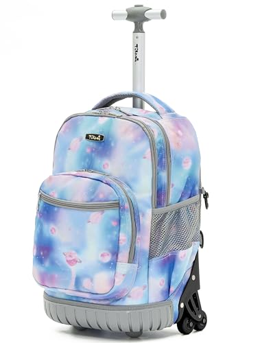 NEW TILAMI 18-Inch 6-Wheel Rolling Backpack for Kids, Purple Star | Lightweight Wear-Resistant Adjustable Shoulder Straps, Padded Back Support Top Handle School Travel - color: Purple Star