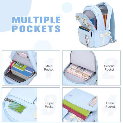 Bevalsa Backpack for Girls, Bow Kids Backpack with Bento Lunch Box, Insulated Bag & Utensils, 34oz Lunch Containers, Cute School Bookbag for Girls Children Teens for Elementary Middle Student (Blue) - color: Blue