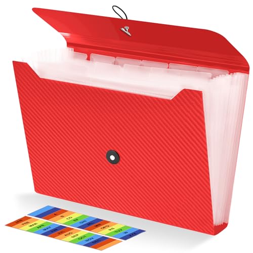 Expanding File Folder, 13 Pockets Accordian File Holder Organizer, A4 Letter Size Paper Document Receipt Organizer Accordion Filing Folder for Classroom, Home, Office and Travel, Red - color: Red