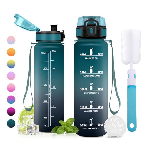 500ml Water Bottle with Time Marker, Leak-Proof Filter Water Bottles, BPA-Free for Students Office Gym - color: 500ml Dark Green + Grey, size: 16.9 Ounces