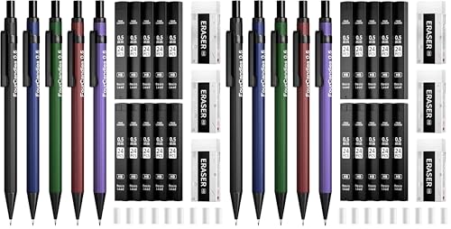 Four Candies Metal Mechanical Pencils 0.5, with #2 Pencil Leads 0.5mm, Eraser Set and Eraser Refills, 19-Count Pack with Case, Back to School Supplies for Writing, Drafting, Drawing (Pack of 2) - size: 5 Count (Pack of 2), style: 0.5mm