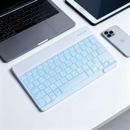 Mini Bluetooth Keyboard, Small Portable Wireless Rechargeable Keyboard with 7-Color RGB Backlit for iPad iPhone Android Samsung Tablet Smartphone(White) - color: White