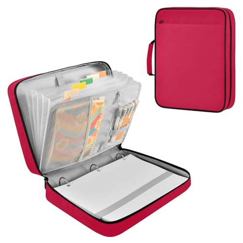 Cherry Red Zipper Binder Bag with Handle,1.25 Inch 3 Ring O-Ring 500 Sheet Capacity 6 Tab Expanding File Folder Storage Pockets Binder for School Office Organizer Supplies - color: Multicolored-03