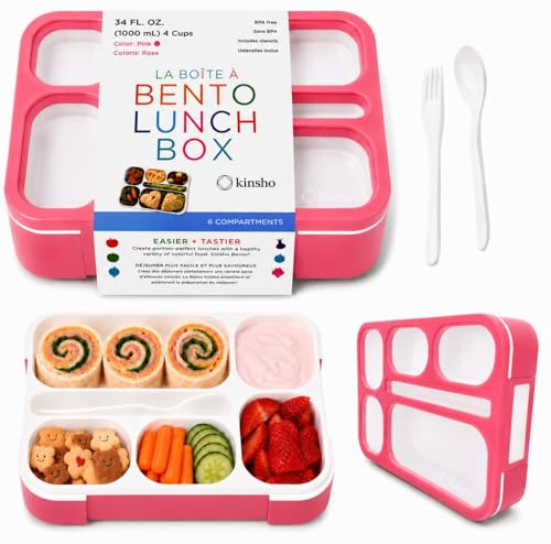 kinsho Bento Box Lunch Containers for Kids Girls Toddlers Women, 6 Compartment Portion Control Kit, Meal or Snack Boxes for School Daycare Work Travel, BPA Free, Utensils, Pink - color: Pink