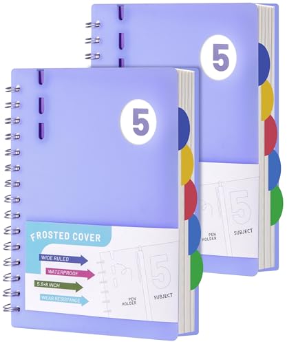 FLYING EAGLE 2 Pcs 5 Subject Notebook Wide Ruled, Small Spiral Notebook 5x7 for Work, 408 Pages Lined Journal with Removable Dividers, Small Notebooks for Work, Violet - color: B.Violet, size: A5(5.5x8in)-2 Pack