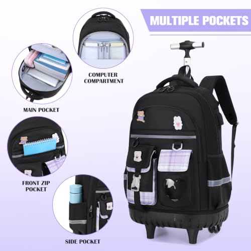 ACESAK Rolling Backpack for Girls - Roller Wheels School Bookbag with Lunch Bag & Pencil Pouch for Teen Girls Kids Wheeled Suitcase Backpacks, Elementary Middle School Travel Daypack (Black Purple) - color: Black-purple