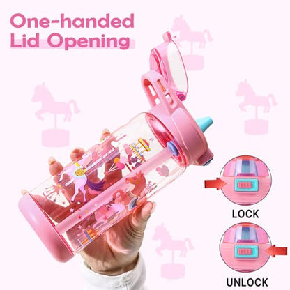 20oz Kids Water Bottle For School or Travel, Leak-Proof & Dishwasher, Durable Plastic Sport Water Bottle With Straw and Handle, Carousel - color: Pink carousel