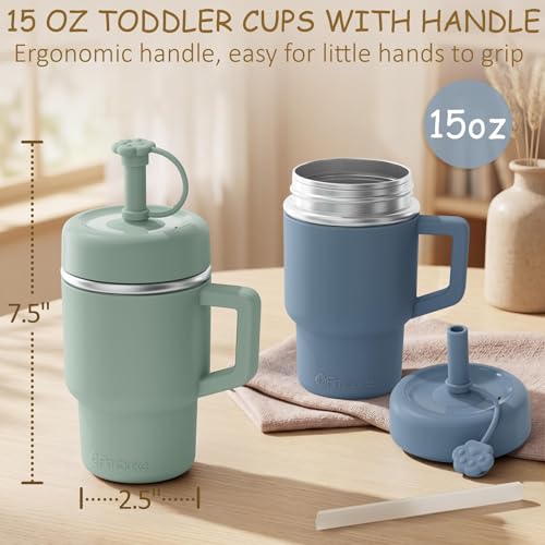Fimibuke Toddler Tumbler with Handle & Straw, 15 OZ Spill Proof Sippy Cups | Leak Proof Stainless Steel Cups with Lid & Silicone Sleeve, BPA Free Dishwasher Safe Kids Water Bottle for Girl Boy, 2 Packs - color: Forest & Ocean