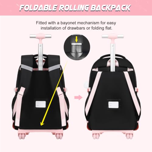 DIGOBAY Rolling Backpack for Girls, Girls Roller Backpack with Lunch Bag and Pencil Case, School Bookbag with Wheels for Elementary Middle High School Travel, Black Pink - color: Black and Pink