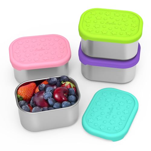 SOPHICO Stainless Steel Snack Containers for Kids, 8 oz Small Food Storage Container 1 Cup with Silicone Lid - Perfect 304 Metal Toddler Lunch Box for Daycare and School, Leak Proof (MIX, 4 PACK) - color: MIX,8 oz,4 PACK