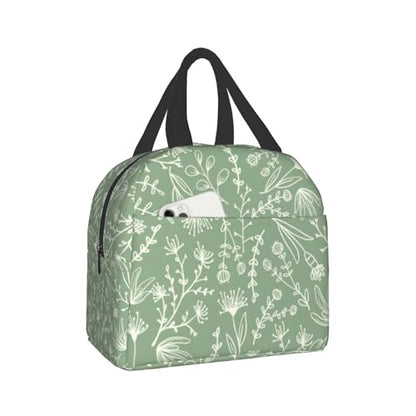 Nerxy Sage Green Insulated Lunch Bag Botanical Reusable Lunch Box for Kids Teens Herbs Plants Container Cooler Toddler Tote Bags for Women Men Picnic Travel Work Office - color: Green Botanical