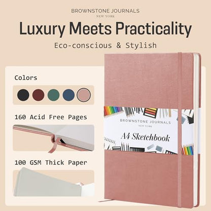 BROWNSTONE JOURNALS A4 Sketch Book Hardcover - 80 Sheets 100 GSM Paper 8.5"x11.5", Lay Flat, Vegan Leather Cover, Elastic Band, Back Pocket, Art Drawing Book (Rose Wood) - color: Rose Wood, size: A4 (8.5" x 11.5")