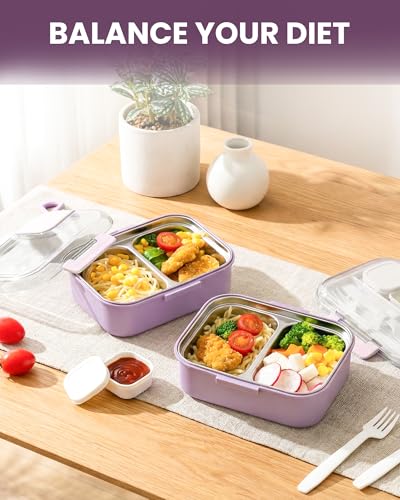 Lille Home 750 ML Meal Prep Lunch Box, Portable Stainless Steel Bento Box 2 Compartment Snack Container with Cutlery Set & Sauce Container, Easy to Carry, BPA Free(Purple) - color: Purple