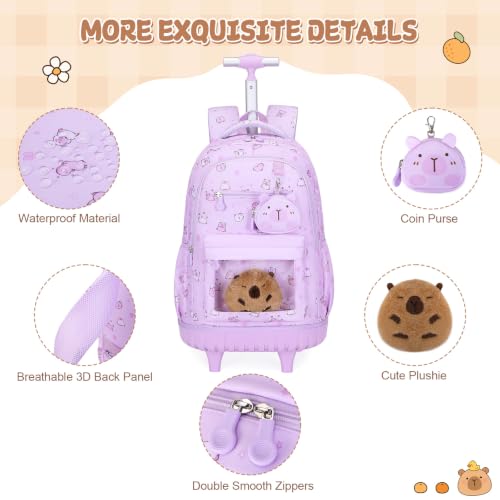 Capybara Theme Rolling Backpack with Lunch Bag & Pencil Case, Kids Rolling Backpack for Girls, Wheeled School Bookbag with Telescoping Handle for Kindergarten Elementary Middle High School - color: Purple