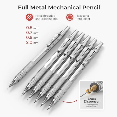 Nicpro 30PCS Silver Metal Mechanical Pencils Set in Leather Case, Art Drafting Pencil 0.5, 0.7, 0.9 mm, 2mm Lead Pencil Holder for Sketching Drawing With 16 Tube (6B 4B 2B HB 2H 4H Colors)Lead Refill - color: Silver