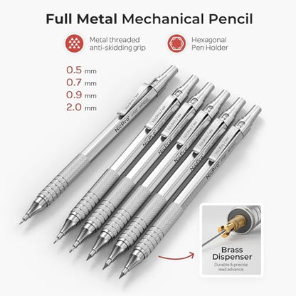 Nicpro 30PCS Silver Metal Mechanical Pencils Set in Leather Case, Art Drafting Pencil 0.5, 0.7, 0.9 mm, 2mm Lead Pencil Holder for Sketching Drawing With 16 Tube (6B 4B 2B HB 2H 4H Colors)Lead Refill - color: Silver