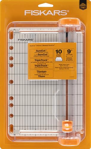 Fiskars SureCut Portable Paper Trimmer, 9" Cut Length for Cardstock and Photos, Fits in 3-Ring Binder for Travel, 10 Sheet Cutting Capacity, 9" Rail, Orange