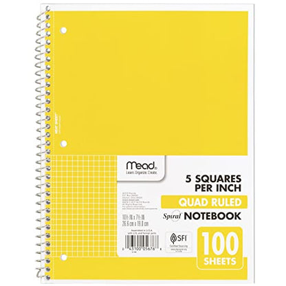 Mead Spiral Notebook, 1 Subject, Graph Ruled Paper, 7-1/2" x 10-1/2", 100 Sheets, Yellow (05676AZ7) - color: Yellow