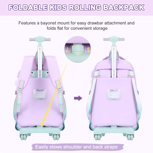 Scothen Rolling Backpack for Girls, Girls Backpack Set with Lunch Box & Pencil Pouch for Teen Girl Kids Children Elementary Middle School, Bookbag Daypack Laptop Travel Backpack with Wheels - color: Purple Blue