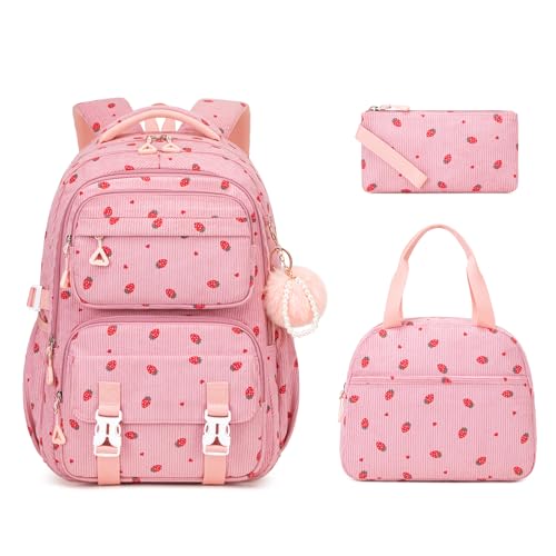3Pcs Girls Backpack Set, Kids Backpack for Girls, School Bag for Primary Elementary Middle School Students, Bookbags for Teen Girl, Corduroy Laptop Backpack Travel Daypack, Pink Strawberry - color: Pink Strawberry-3pcs