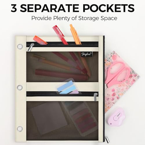 SKYDUE 3 Ring Pencil Pouch for Binder, Zipper Binder Pencil Pouch with 3 Pockets and Mesh Window, Durable Organizer for School Supplies, Cables, Earbuds, Makeup - color: Beige