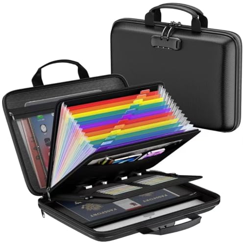 Fireproof Document Box with Lock, Hard Case File Organizer with 13 Pocket Colorful Accordion File Folder, Portable Safe Box for Home School Office Travel to Storage Important Documents - color: Hard Black Case, Colorful Inner