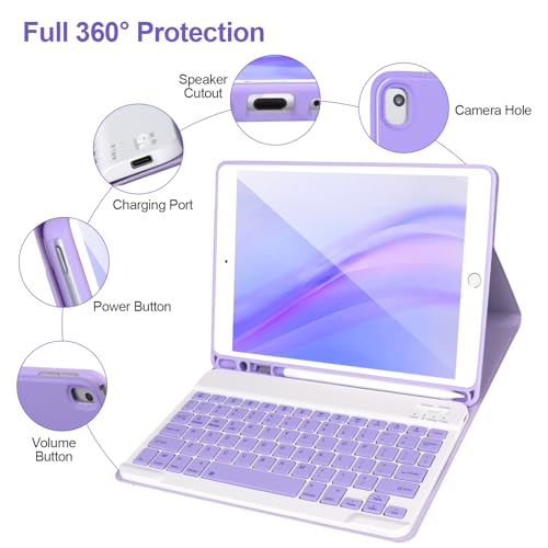 AHYWTAN Keyboard Case for iPad 9/8/7th Gen 10.2’’,Case with Keyboard ipad 10.2 inch,Detachable Bluetooth Keyboard with Pencil Holder,Purple - color: Purple